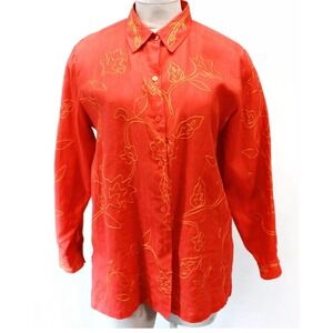 EUC Josephine Chaus Woman 100% Linen Embroidered Long Sleeve Tunic Shirt Size 14